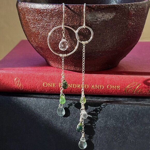 Hushwink Jewelry - Sterling Silver Asymmetrical Tourmaline, Aquamarine and Quartz Drop Earrings
